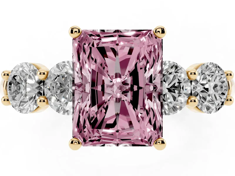Radiant Cut Five Stone Engagement Ring Setting for a Fancy Pink Lab-Grown Diamond | Prong Set Side Stones | Yellow Gold