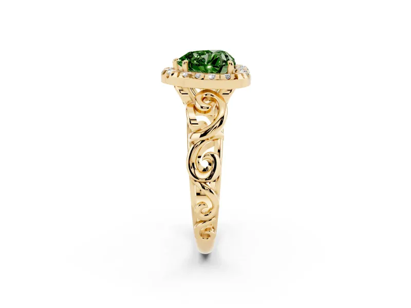 Fancy Green Heart Cut Diamond Halo Ring Set in Yellow gold with Scrollwork Band and Prong Setting