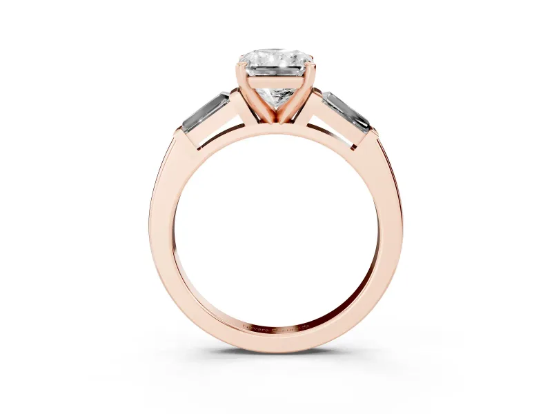 Radiant Cut Diamond Solitaire Ring Set in Rose gold with Tapered Baguette Side Stones and Prong Setting
