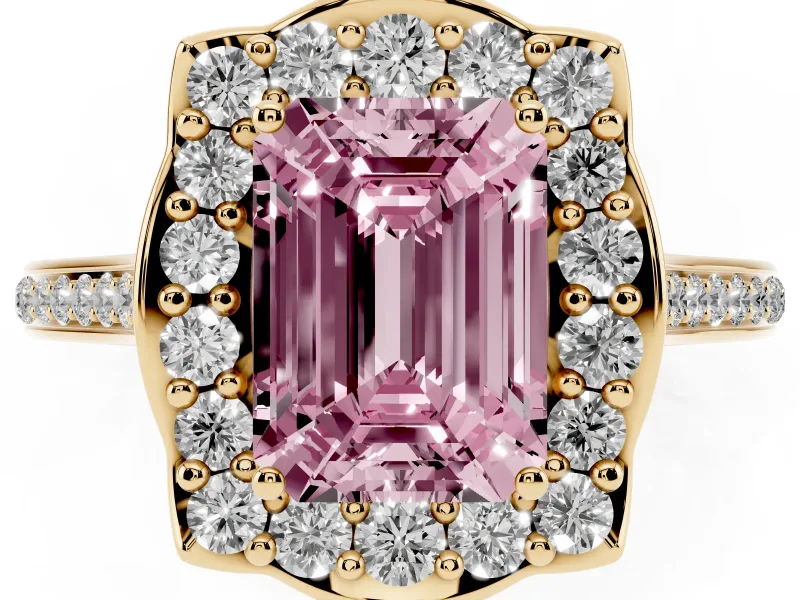 Emerald Cut Petal Tip Halo Engagement Ring Setting for a Fancy Pink Lab-Grown Diamond | Pavé Band | Yellow Gold