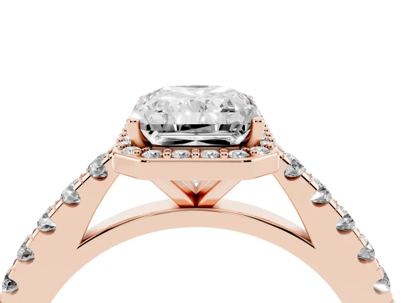 Radiant Cut Diamond Halo Engagement Ring Set in Rose gold with Pavé Band and Prong Setting