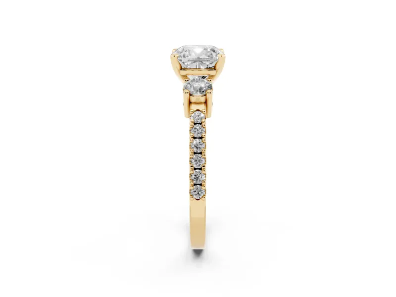 Three-Stone Cushion Cut Diamond Pavé Band Ring Set in Yellow gold with Prong Setting