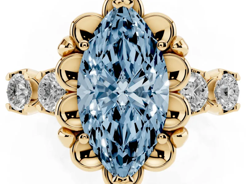 Marquise Floral Engagement Ring Setting for a Fancy Blue Lab-Grown Diamond | Petal Frame and Side Stones | Yellow Gold