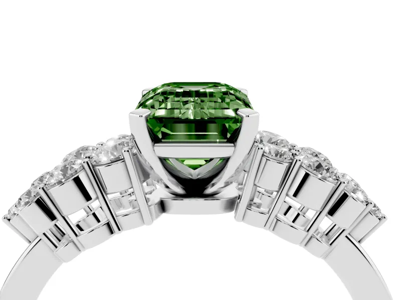 Fancy Green Emerald Cut Diamond Cluster Engagement Ring Set in Silver with Pavé Band and Prong Setting
