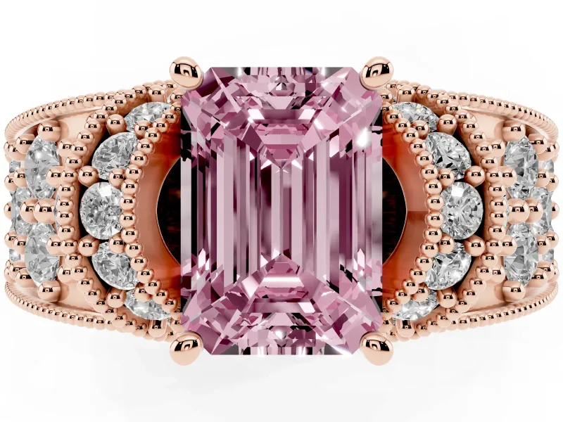 Emerald Cut Vintage Pave Engagement Ring Setting for a Fancy Pink Lab-Grown Diamond | Milgrain Edges | Rose Gold