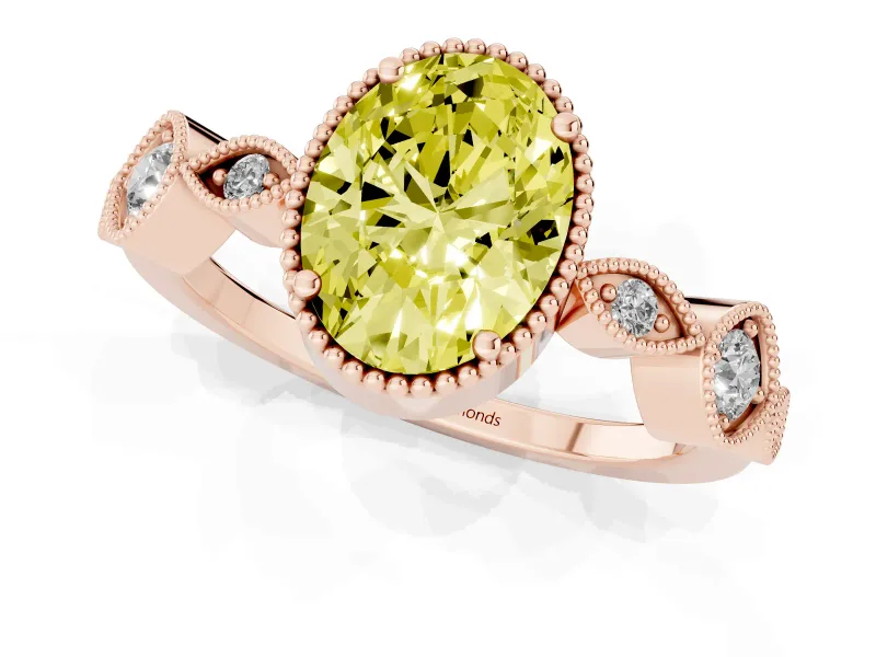 Fancy Yellow Oval Cut Diamond Vintage-Inspired Milgrain Ring Set in Rose gold with Marquise Stations of Round Accents