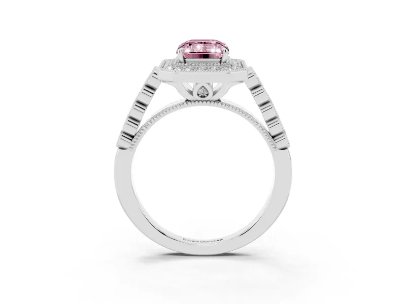 Emerald Cut Graduated Milgrain Halo Engagement Ring Setting for a Fancy Pink Lab-Grown Diamond | Platinum