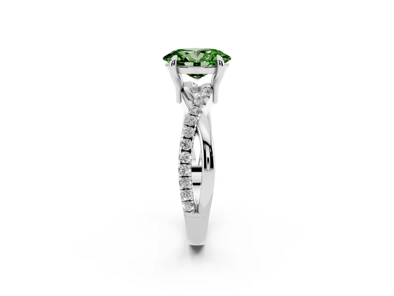 Fancy Green Oval Cut Diamond Twist Band Solitaire Set in Silver with Pavé Accents and Prong Setting