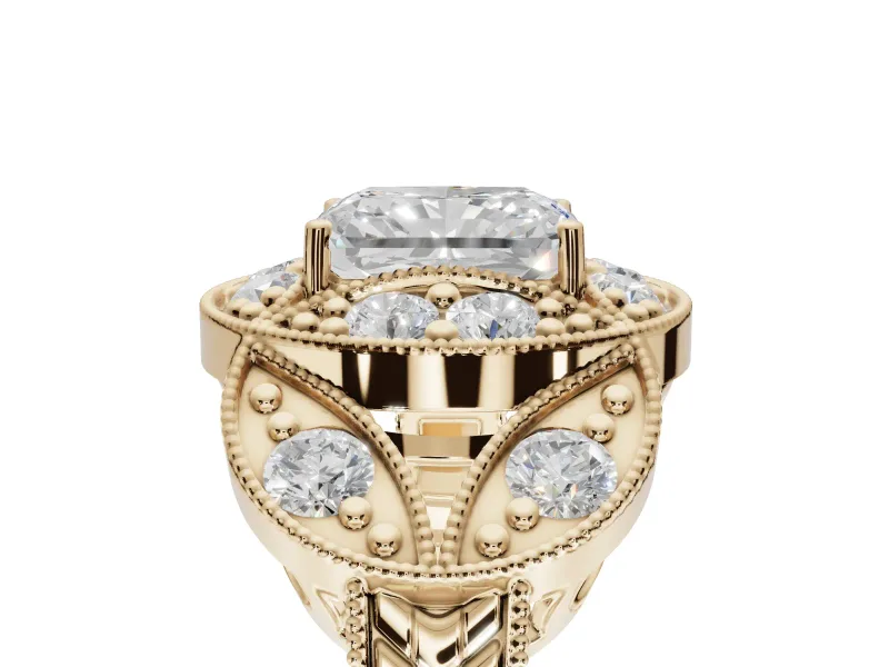 Radiant Cut Vintage Floral Halo Engagement Ring Setting | Engraved Milgrain Band | Yellow Gold
