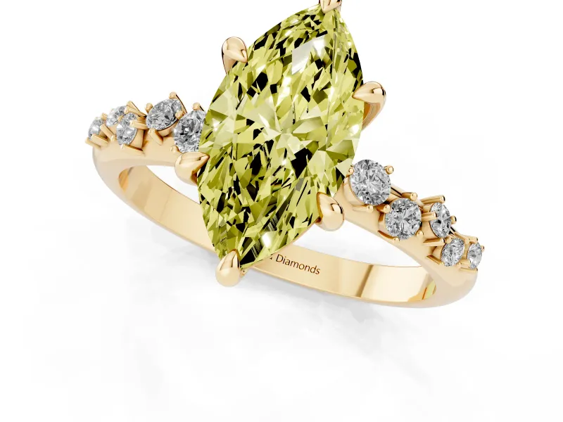 Fancy Yellow Marquise Cut Diamond Solitaire Vine Band Ring Set in Yellow gold with Round Accents and Prong Setting
