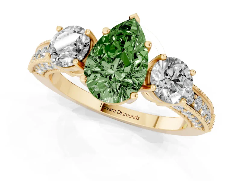 Pear-Shaped Three Stone Engagement Ring Setting for a Fancy Green Lab-Grown Diamond | Graduated Pave Band | Yellow Gold