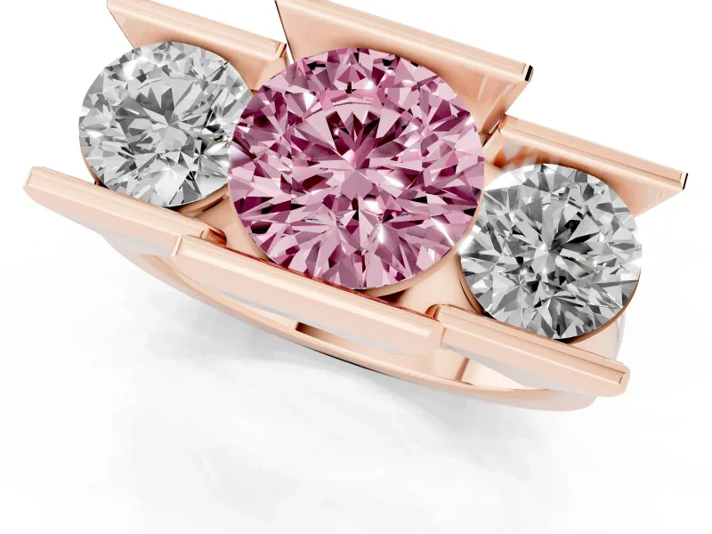Round Channel-Set Three Stone Engagement Ring Setting for a Fancy Pink Lab-Grown Diamond | Rose Gold
