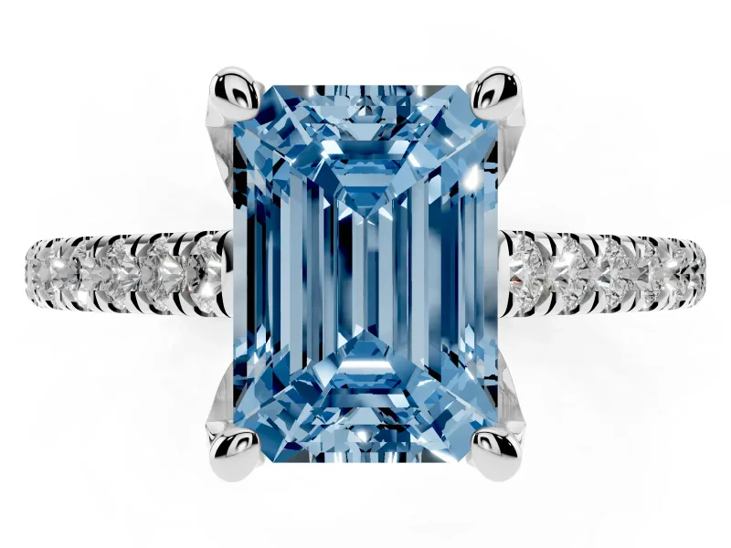 Emerald Cut Hidden Halo Pave Engagement Ring Setting for a Fancy Blue Lab-Grown Diamond | Claw Prongs | Platinum