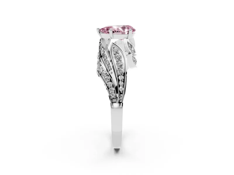 Fancy Pink Pear Cut Diamond Solitaire Ring Set in White gold with Layered Twist Pavé Band