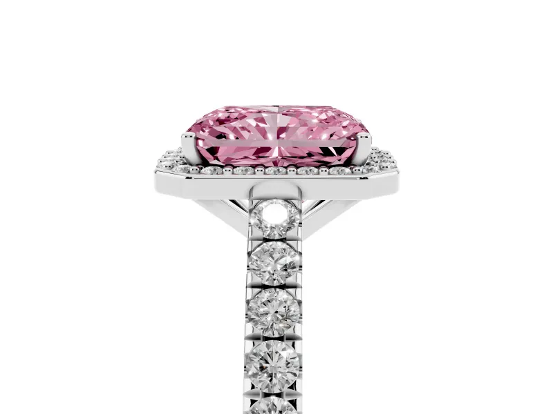 Fancy Pink Radiant Cut Diamond Halo Engagement Ring Set in Silver with Pavé Band and Prong Setting