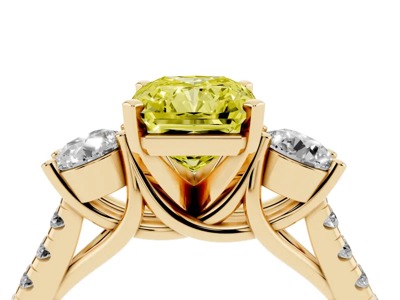 Fancy Yellow Three-Stone Radiant Cut Diamond Pavé Band Ring Set in Yellow gold with Prong-Set Trio