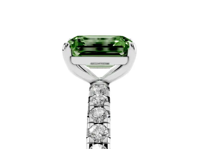 Fancy Green Emerald Cut Diamond Pavé Solitaire Ring Set in Silver with Round Band and Prong Setting