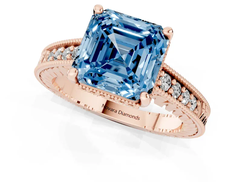 Asscher Cut Engraved Engagement Ring Setting for a Fancy Blue Lab-Grown Diamond | Rose Gold