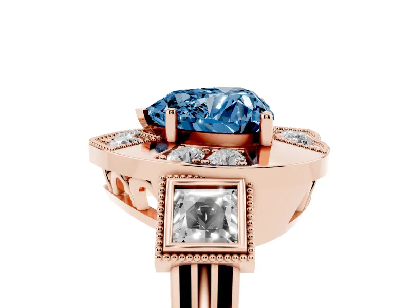 Fancy Blue Heart Cut Diamond Milgrain Halo Ring Set in Rose gold with Split Shank
