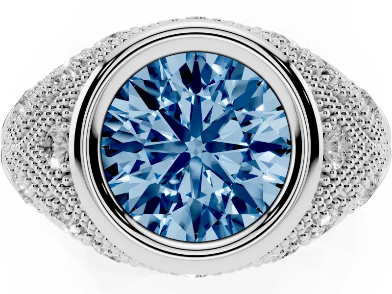 Fancy Blue Round Cut Diamond Bezel Ring Set in White gold with Milgrain Accent Band