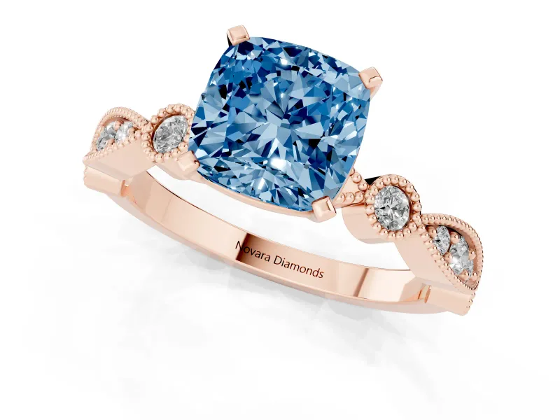 Fancy Blue Cushion Cut Diamond Solitaire Engagement Ring Set in Rose gold with Milgrain Bezel Accent Band
