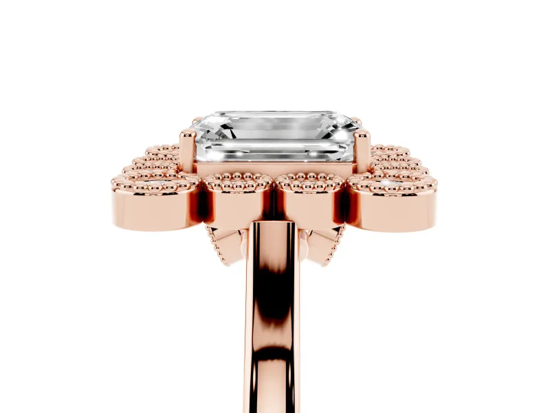 Emerald Cut Vintage Milgrain Bezel Cluster Halo Engagement Ring Setting | Plain Band | Rose Gold
