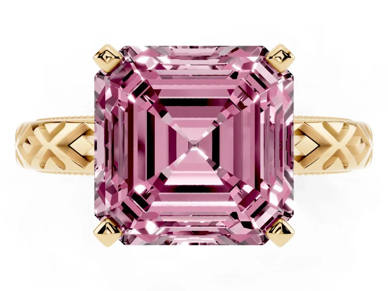 Fancy Pink Asscher Cut Diamond Solitaire Ring Set in Yellow gold with Milgrain and Black Enamel X Pattern Band