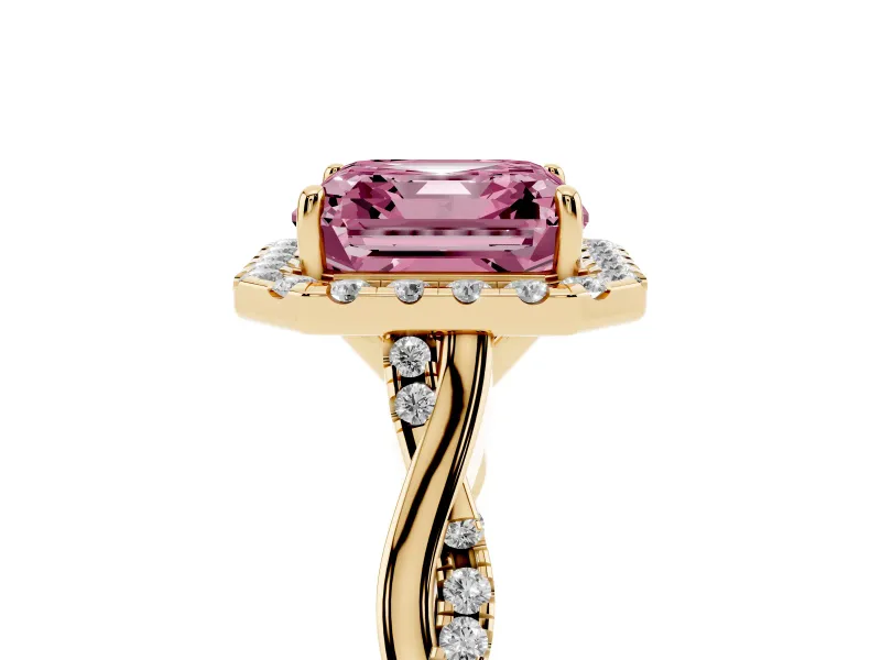 Asscher Cut Twist Halo Engagement Ring Setting for a Fancy Pink Lab-Grown Diamond | Yellow Gold