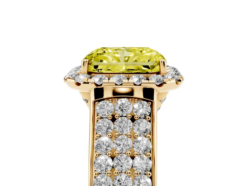 Radiant Cut Pavé Engagement Ring Setting for a Fancy Yellow Lab-Grown Diamond | Wide Three-Row Band | Yellow Gold
