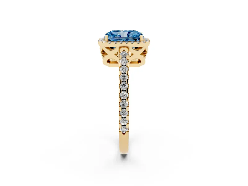 Radiant Cut Pave Halo Engagement Ring Setting for a Fancy Blue Lab-Grown Diamond | Yellow Gold