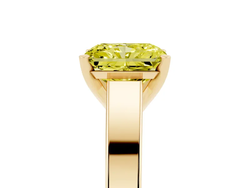 Fancy Yellow Radiant Cut Diamond Solitaire Engagement Ring Set in Yellow gold with Prong Setting and Tapered Band