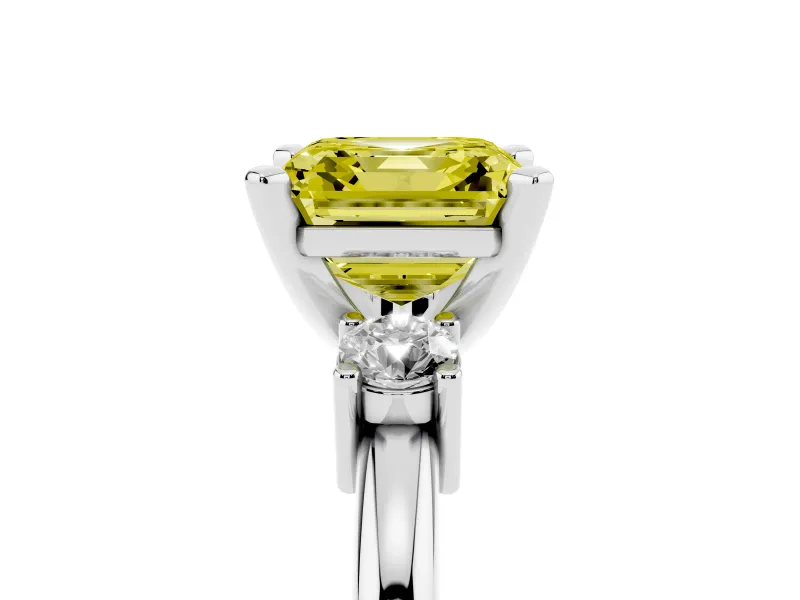 Fancy Yellow Three-Stone Asscher Cut Diamond Ring Set in Silver with Prong Setting and Plain Band