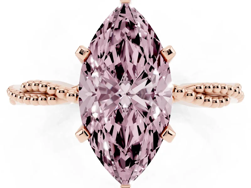 Fancy Pink Marquise Cut Diamond Solitaire Ring Set in Rose gold with Twisted Band and Bead Prong Setting