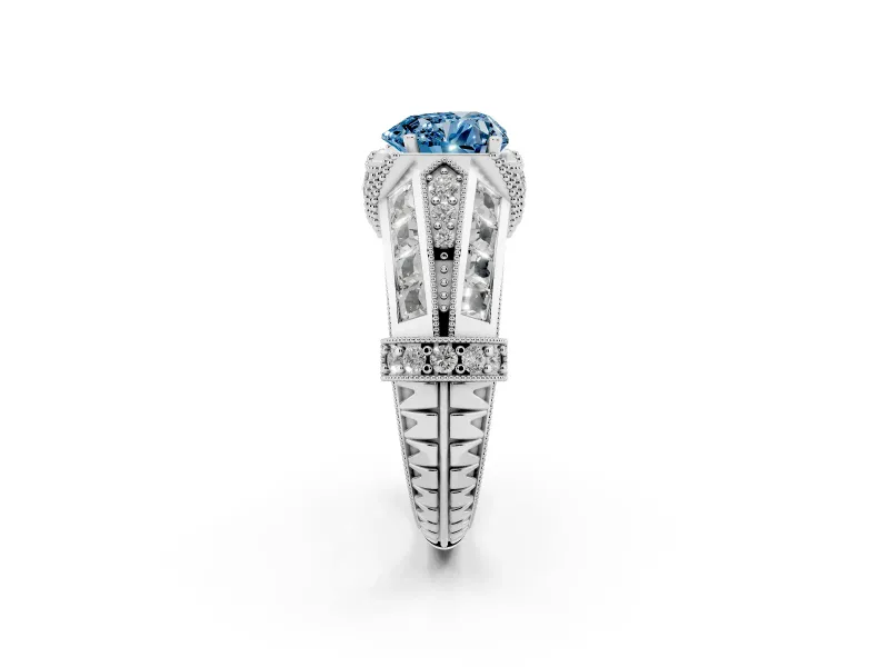Fancy Blue Heart Cut Diamond Vintage-Inspired Milgrain Ring Set in White gold with Accent Split Shank