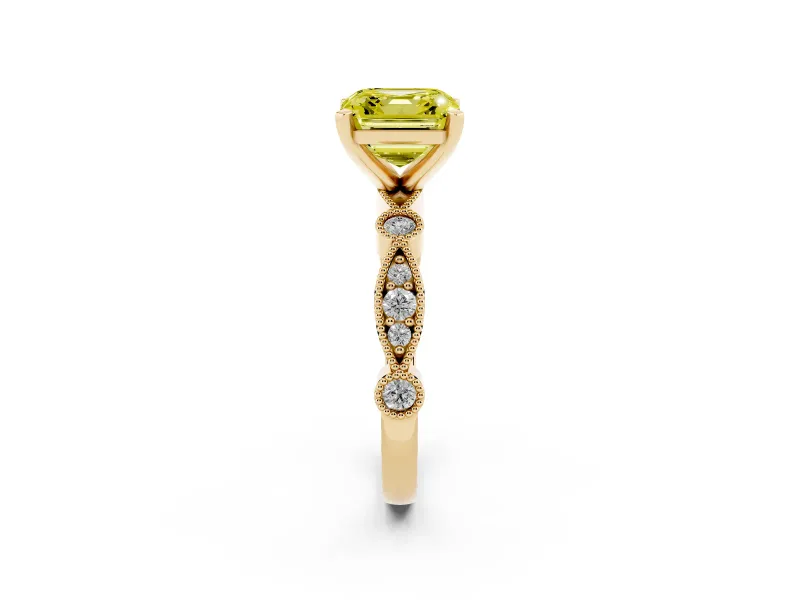 Fancy Yellow Asscher Cut Diamond Solitaire Engagement Ring Set in Yellow gold with Milgrain Bezel Accent Band