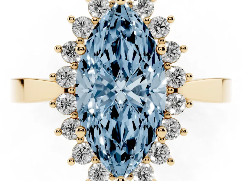 Fancy Blue Marquise Cut Diamond Halo Ring Set in Yellow gold with Round Halo and Smooth Solitaire Band