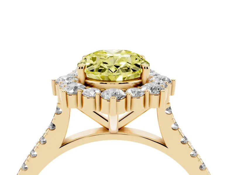 Oval Scalloped Halo Engagement Ring Setting for a Fancy Yellow Lab-Grown Diamond | Single Row Pave | Yellow Gold