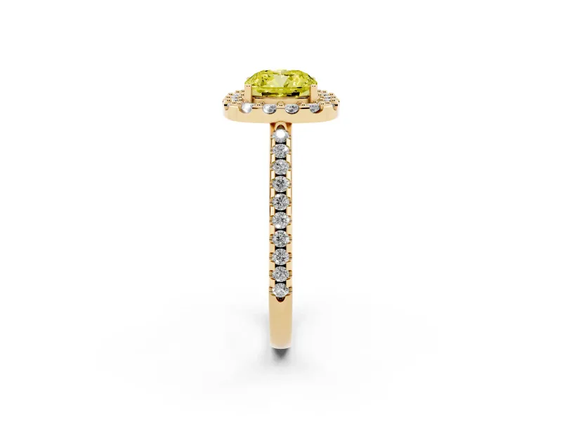 Cushion Cut Pave Halo Engagement Ring Setting for a Fancy Yellow Lab-Grown Diamond | Pave Band | Yellow Gold