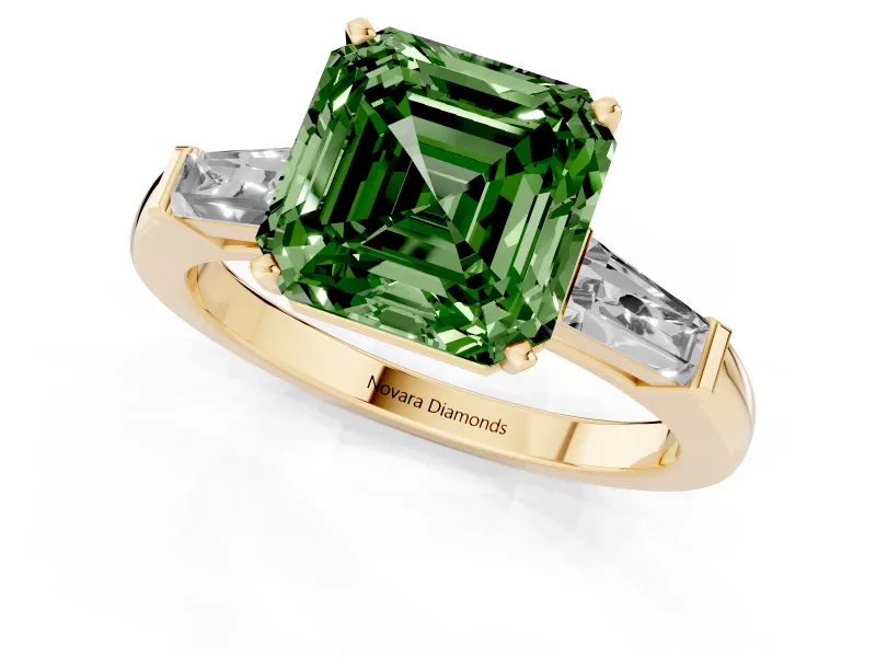 Fancy Green Asscher Cut Diamond Solitaire Ring Set in Yellow gold with Tapered Baguette Side Stones and Prong Setting