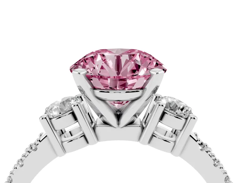 Round Three Stone Engagement Ring Setting for a Fancy Pink Lab-Grown Diamond | Pavé Band | Platinum