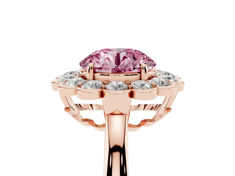 Round Scalloped Cluster Halo Engagement Ring Setting for a Fancy Pink Lab-Grown Diamond | Plain Band | Rose Gold