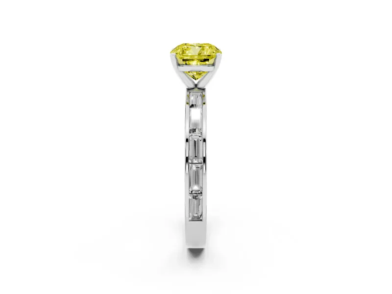 Fancy Yellow Cushion Cut Diamond Solitaire Ring Set in White gold with Channel-Set Baguette Band and Prong Setting