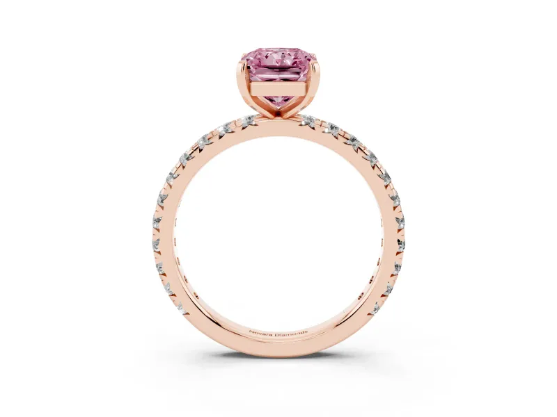 Fancy Pink Radiant Cut Diamond Pavé Solitaire Ring Set in Rose gold with Round Band and Prong Setting