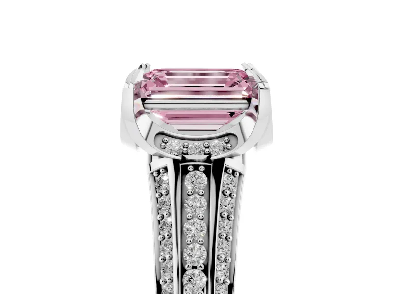 Fancy Pink Emerald Cut Diamond Pavé Split Shank Solitaire Ring Set in Platinum with Prong Setting