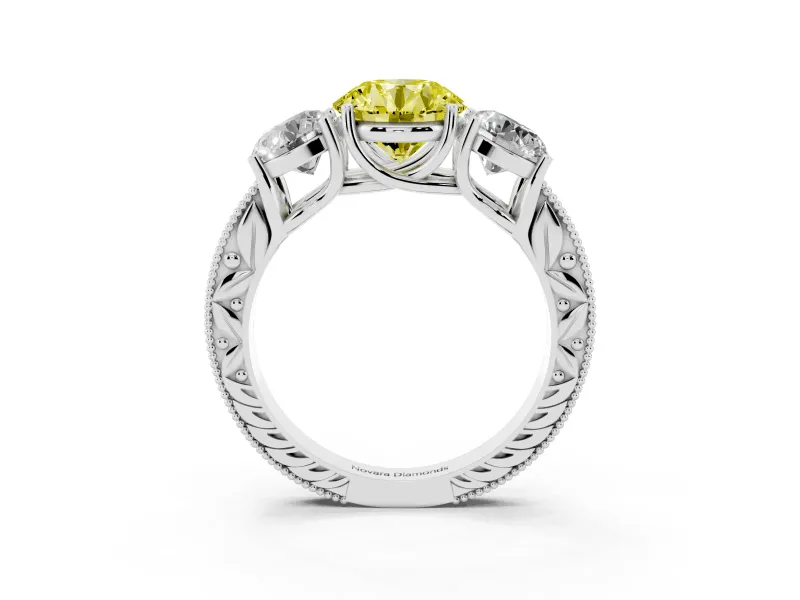 Round Vintage Three Stone Engagement Ring Setting for a Fancy Yellow Lab-Grown Diamond | Sterling Silver