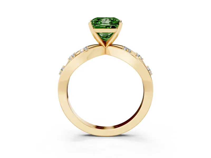 Fancy Green Princess Cut Diamond Solitaire Ring Set in Yellow gold with Side Stones on Criss-Cross Band and Prong Setting