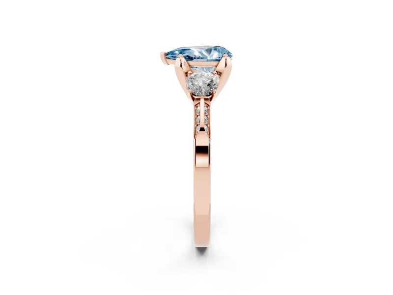Pear-Shaped Hidden Halo Three Stone Engagement Ring Setting for a Fancy Blue Lab-Grown Diamond | Rose Gold