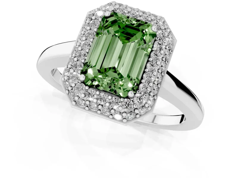 Fancy Green Emerald Cut Diamond Halo Engagement Ring Set in Platinum with Solitaire Band and Prong Setting
