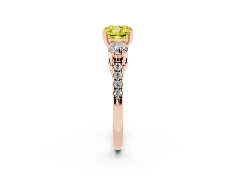 Cushion Cut Three-Stone Engagement Ring Setting for a Fancy Yellow Lab-Grown Diamond | Rose Gold