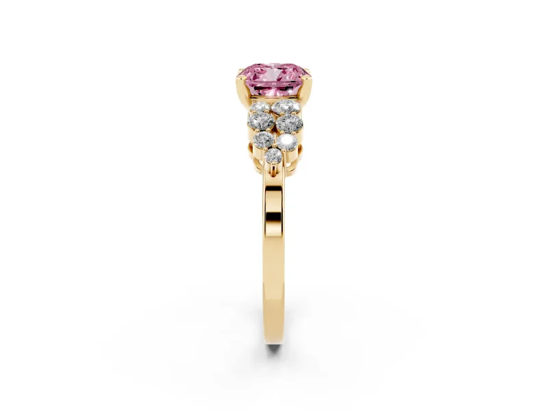 Fancy Pink Cushion Cut Diamond Cluster Engagement Ring Set in Yellow gold with Pavé Band and Prong Setting